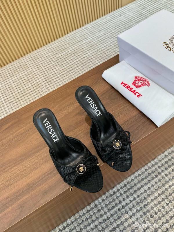 2025 Women VERSACE Black Leather Mule Heels LY00250