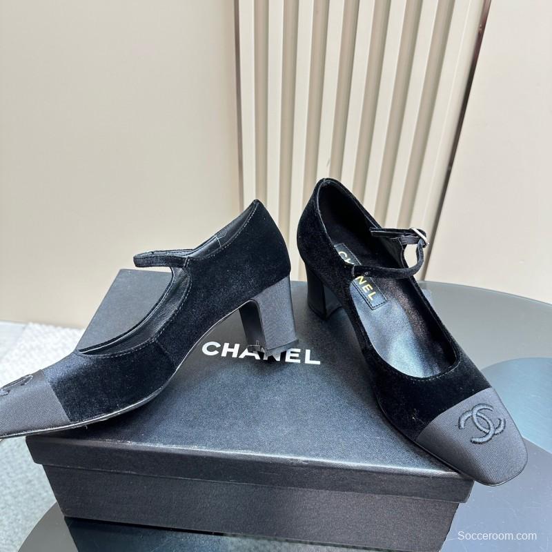 2025 Women Chanel Black Velvet Leather Mary Jane CC Logo KFY00290