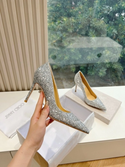 2025 Women Jimmy Choo Silver Glitter Leather Pointed Toe Pumps