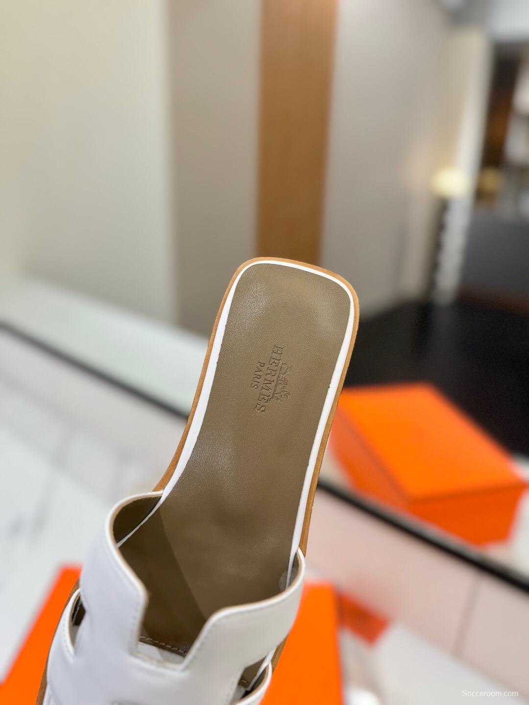 2025 Women Hermès White Leather Slippers