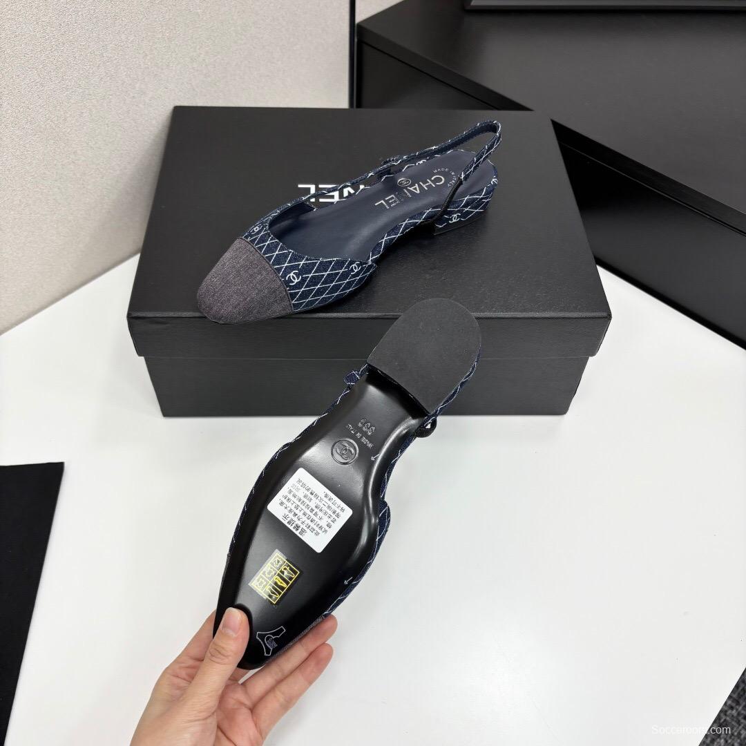 2025 Women Chanel Navy Blue Grey Fabric Leather Slingback LY00000