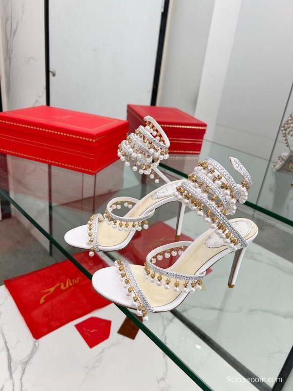 2025 Women RC White Crystal Pearl Leather High Heel Sandals LY00360
