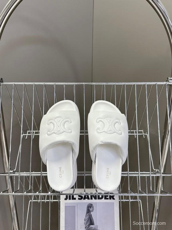 2025 Women Celine White Leather Slippers LY00240