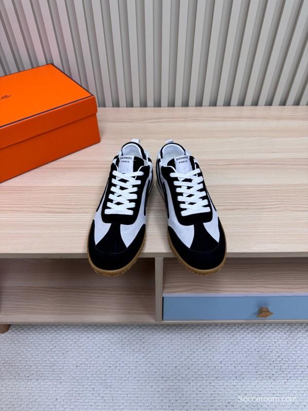 2025 Unisex Hermès Black White Suede Down Fabric Sneakers Top Version KFY00300