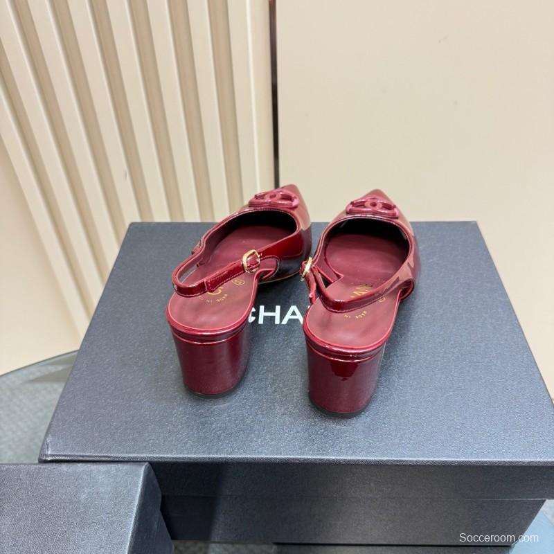 2025 Women Chanel Burgundy Patent Leather Slingback Pumps