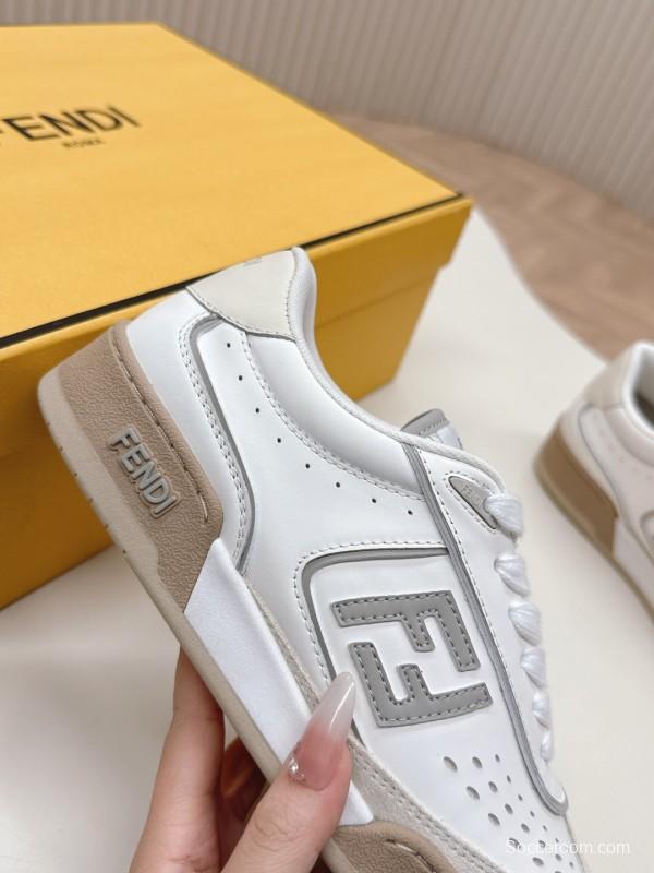 2025 Unisex Fendi White Beige Leather Plimsolls FF Logo LY00350(F)/LY00360(M)