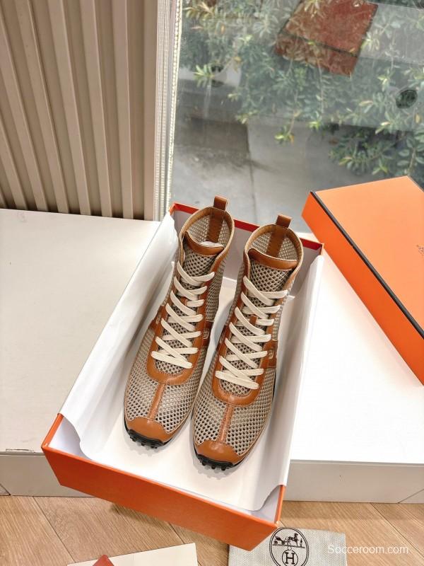 2025 Women Hermès Beige Brown Leather Mesh Boots