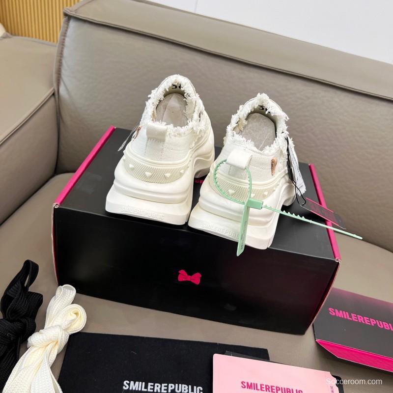 2025 Unisex Smile Republic White Canvas Thick Sole Casual Sneakers Frayed Edge LY00291