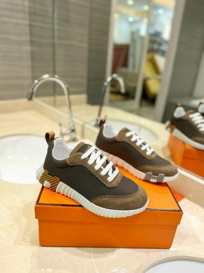 2024 Unisex Hermès Brown Khaki Mesh Suede Sneakers