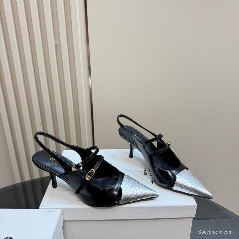 2025 Women Celine Black White Leather Pointed Toe Kitten Heel KFY00310