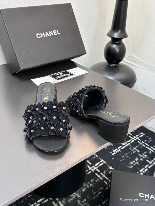 2025 Women Chanel Black Suede Heeled Slippers