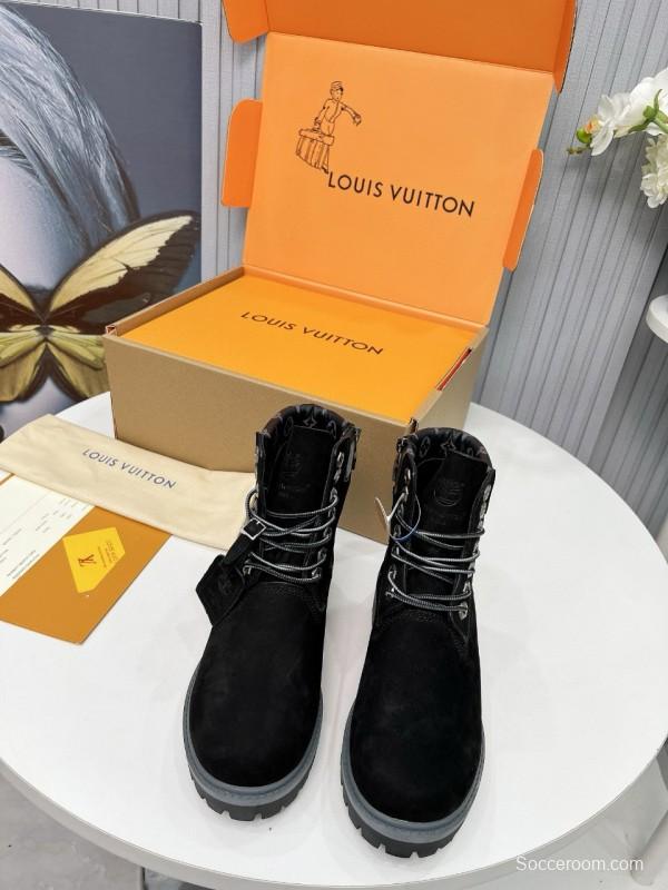 2024 Unisex Louis Vuitton Black Suede Leather 6 Inch Waterproof Embossed Leather Ankle Boots MJ00450