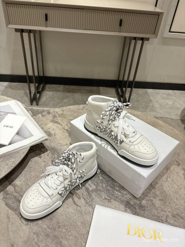 2025 Women Dior White Leather Mesh High-top Sneakers
