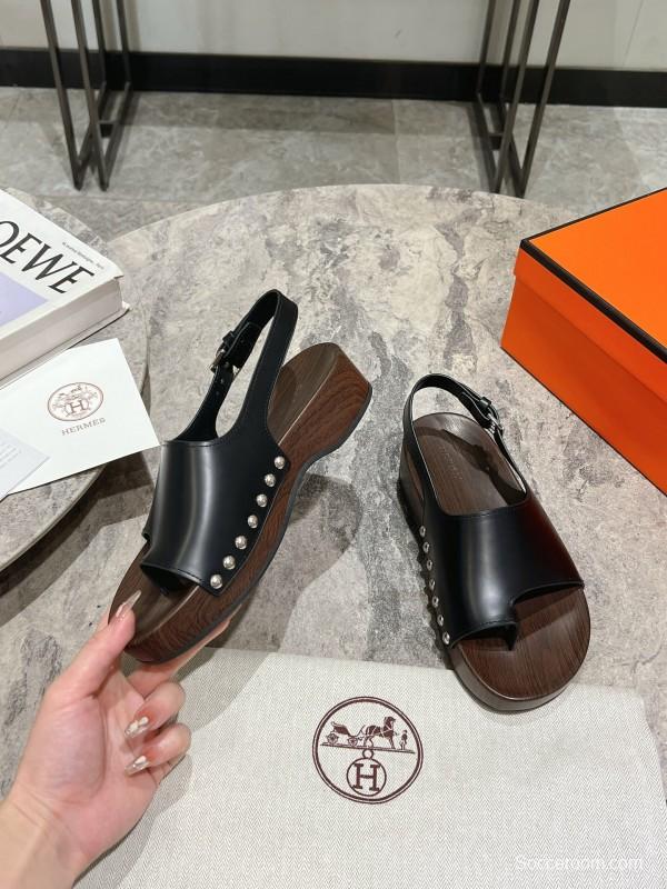 2025 Women Hermès Black Leather Sandals