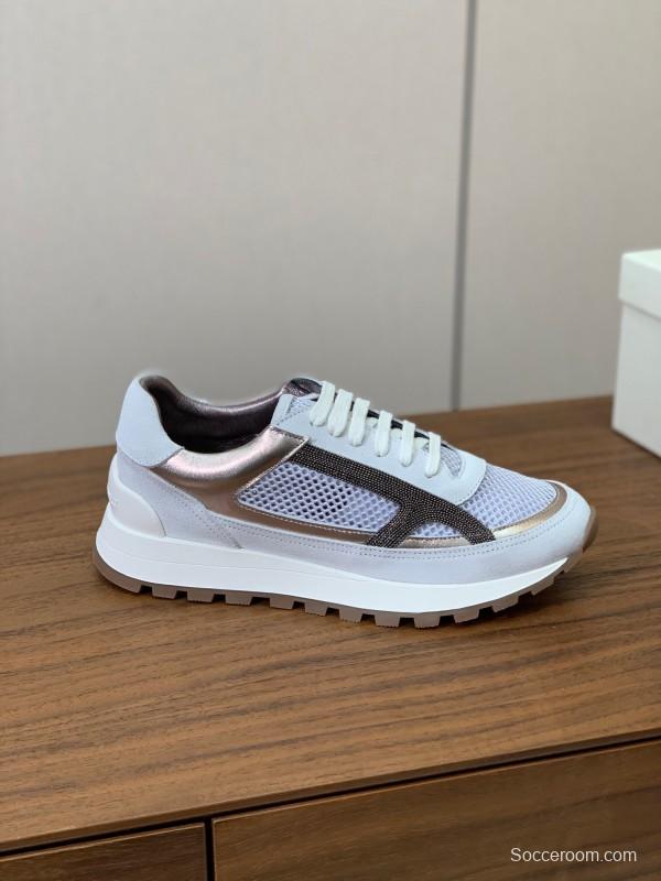 2025 Women Brunello Cucinelli White Silver Mesh Leather Sneakers