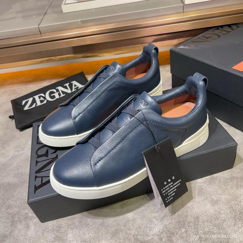 2024 Men Ermenegildo Zegna Navy Calfskin Slip-On Sneakers MJ00280