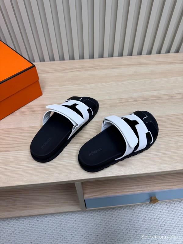 2025 Slippers Hermès White Black Leather Slippers