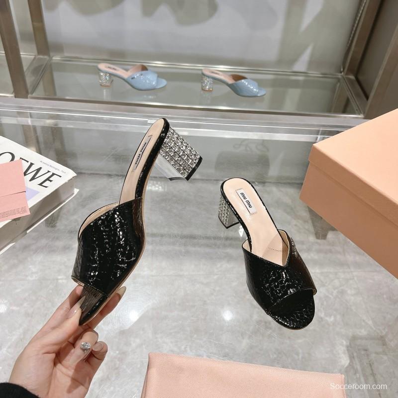 2025 Women Miu Miu Black Patent Leather Heeled Sandals