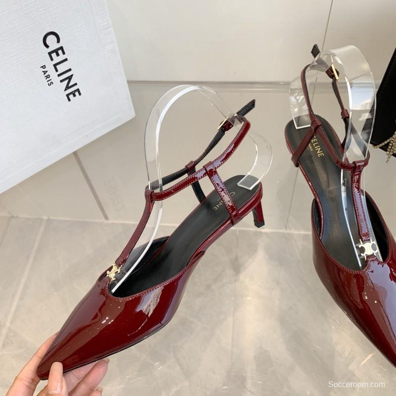 2025 Women Celine Red Patent Leather T-Strap Low Heel