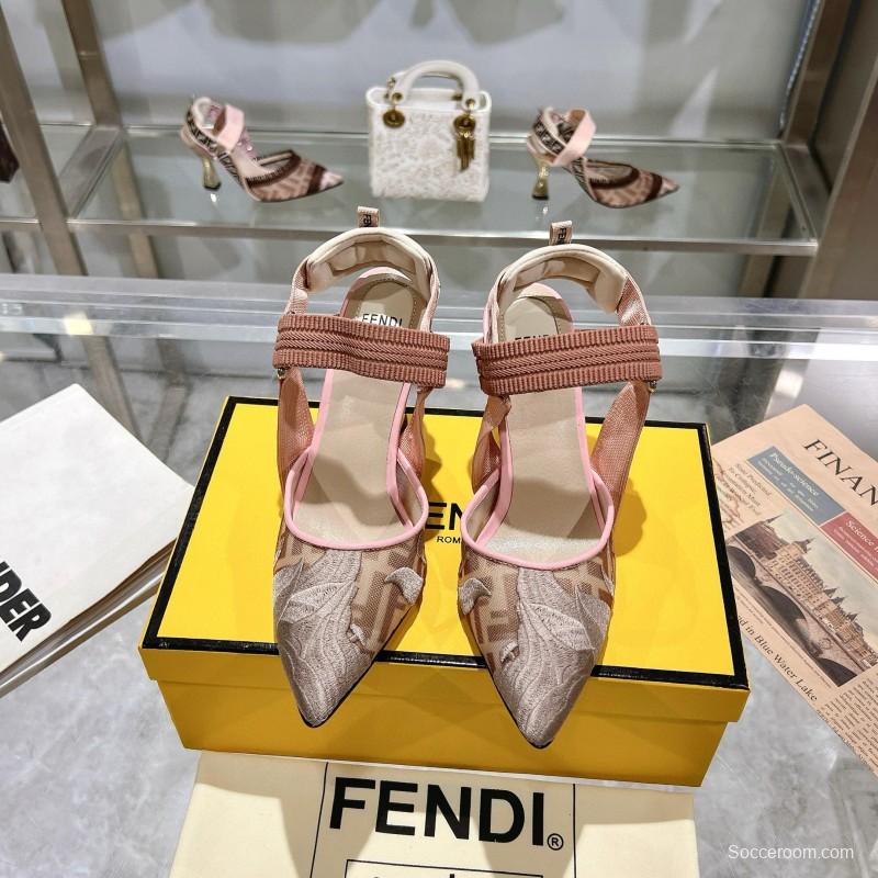 2025 Women Fendi Pink Beige Fabric Leather High Heels