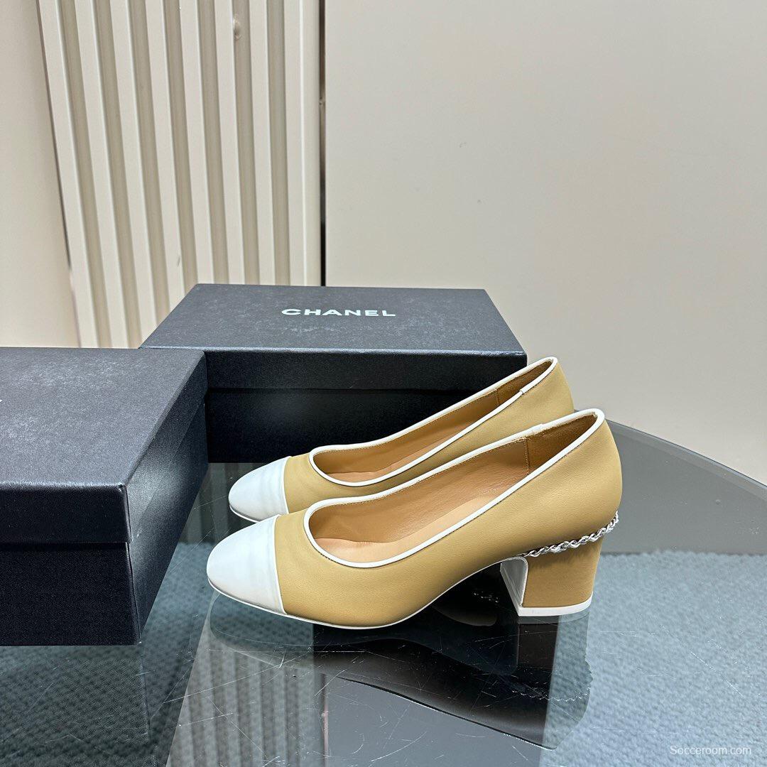 2025 Women Chanel Beige White Leather Pumps Chain Detail