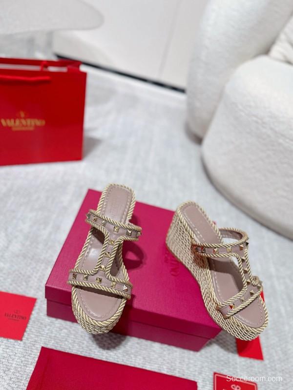 2025 Women Valentino Beige Rope Leather Wedge Sandals LY00290