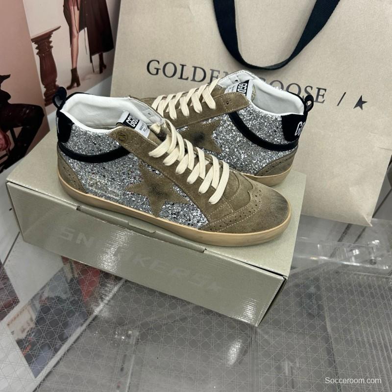 2024 Unisex Golden Goose Deluxe Brand Grey Silver Glitter Suede Leather High-Top Sneakers MJ00300