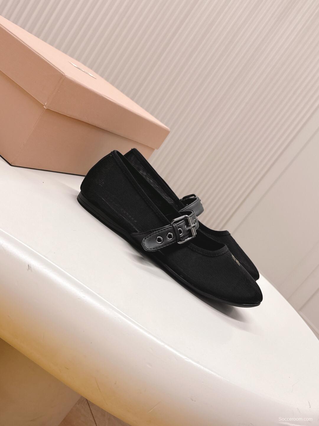 2025 Women Miu Miu Black Mesh Leather Ballet Flats LY00230