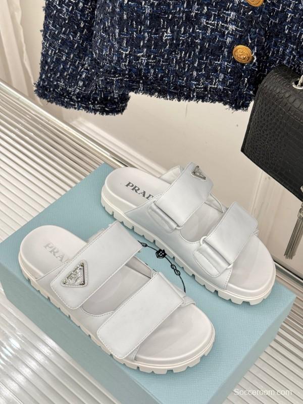 2025 Women Prada White Leather Slippers KFY00240