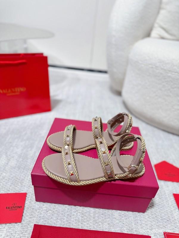 2025 Women Valentino Beige Leather Rope Espadrille Sandals LY00250