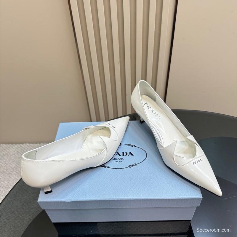 2025 Women Prada White Leather Pointed Toe Kitten Heel Pumps KFY00310