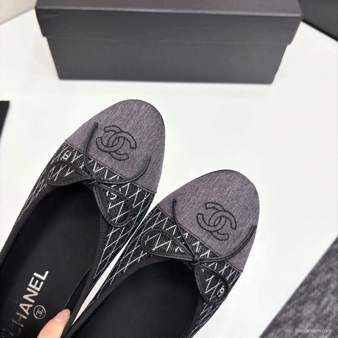 2025 Women Chanel Black Grey Fabric Leather Ballet Flat LY00360