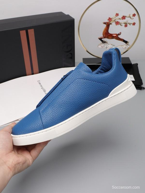 2024 Men Ermenegildo Zegna Blue Leather Low Top Sneakers MJ00240