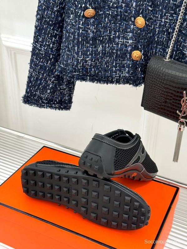 2025 Women Hermès Black Mesh Leather Sneakers