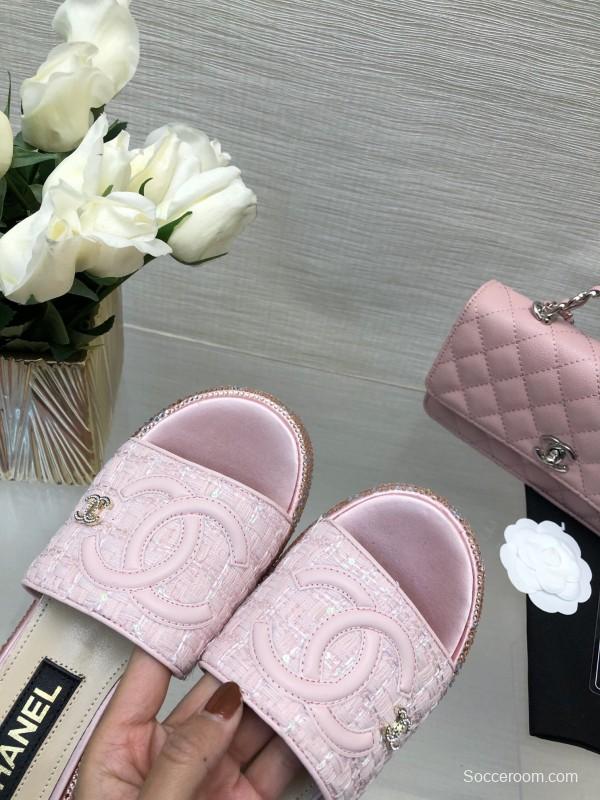 2025 Women Chanel Pink Tweed Platform Slippers LY00320