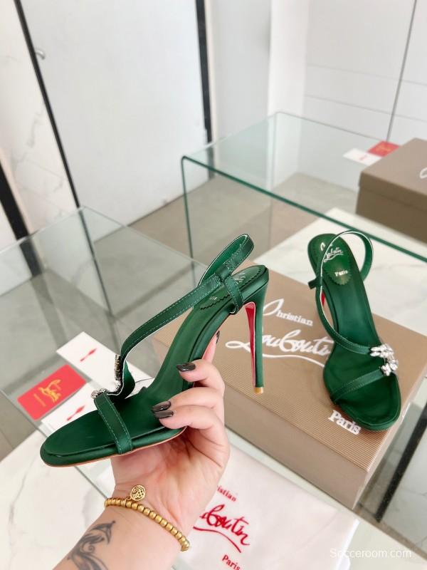 2025 Women Christian Louboutin Green Silk High Heel Crystal Sandal LY00300