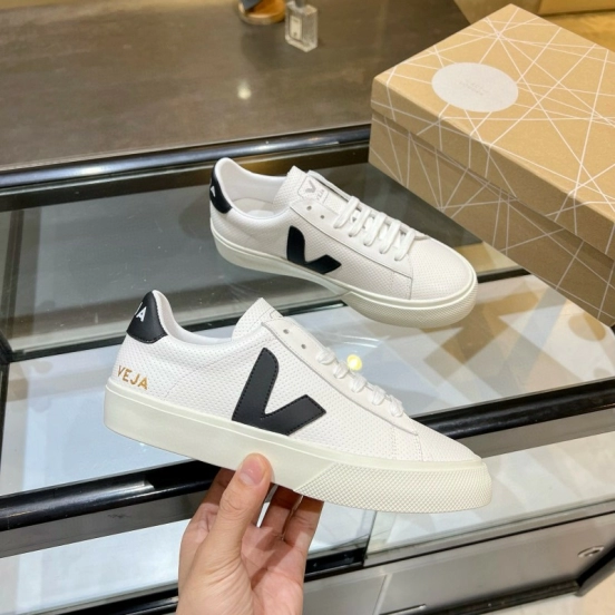 2025 Unisex VEJA White Black Leather Canvas Sneakers V Logo MJ00240(W/M)
