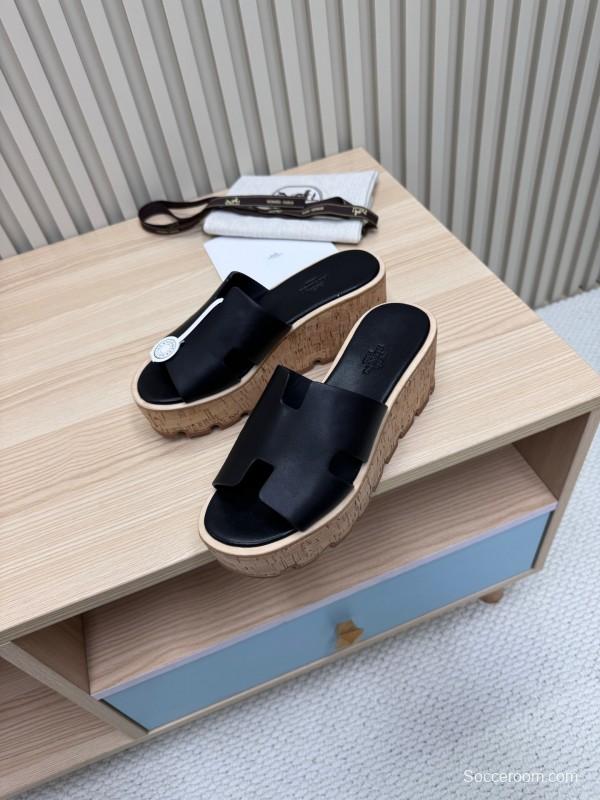 2025 Women Hermès Black Leather Wedge Sandals KFY00280