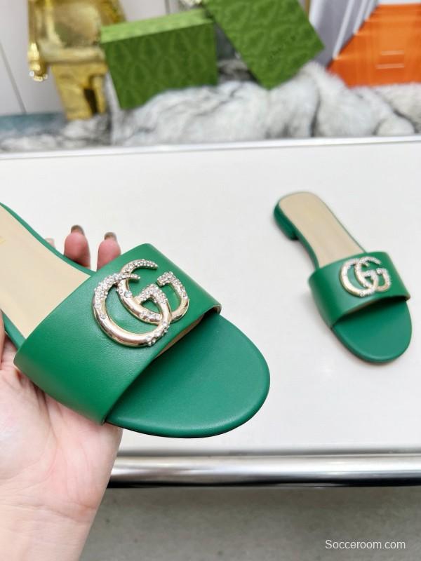 2025 Women Gucci Green Leather Flat Heel Slippers Double G Buckle MJ00190