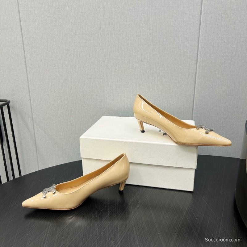 2025 Women Celine Beige Patent Leather Pointed Toe Heel Metal Ornament KFY00290