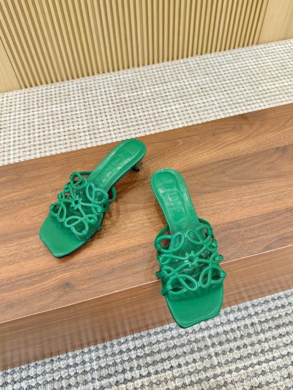 2025 Women Loewe Green Leather Heeled Sandals LY00250