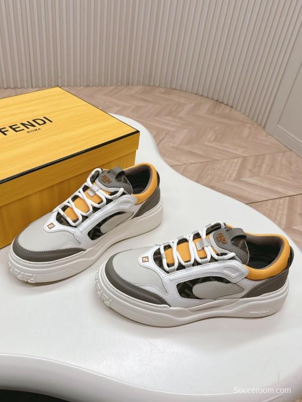 2025 Women Fendi White Grey Yellow Leather Mesh Sneakers