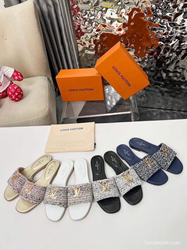 2025 Women Louis Vuitton Pink White Gold Fabric Leather Slippers