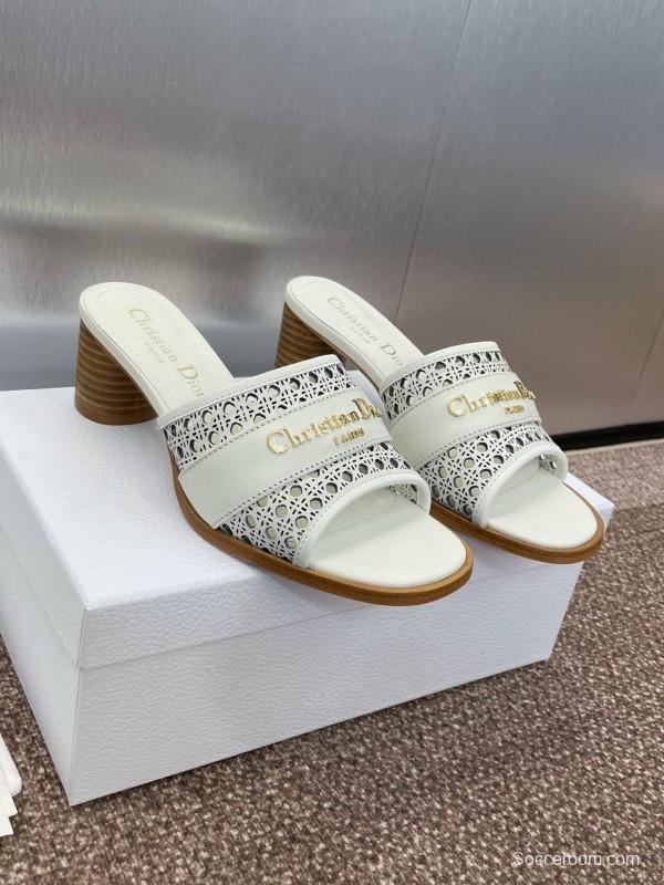 2025 Women Dior White Leather Sandals CD Pattern Low Heel KFY00310