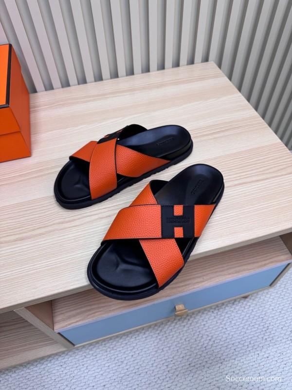 2025 Slippers Hermès Orange Black Leather Slippers