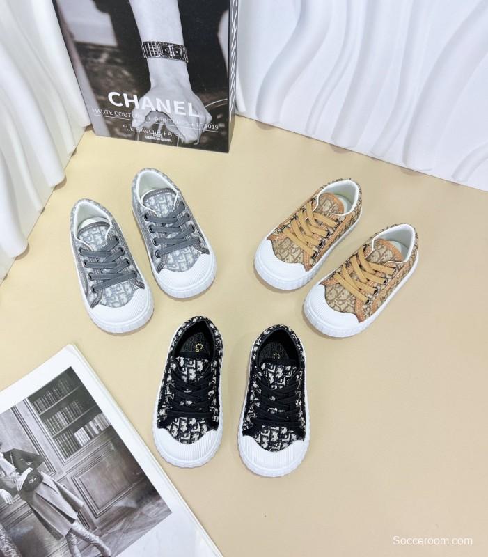 2024 Kids CHANEL Gray Beige Black Canvas Sneakers