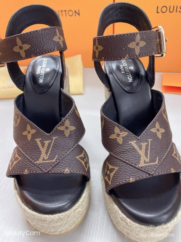 2025 Women Louis Vuitton Brown Leather Denim Espadrilles Wedge Sandals MJ00280