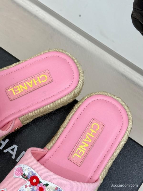 2025 Slippers Chanel Pink Canvas Embroidered KFY00230