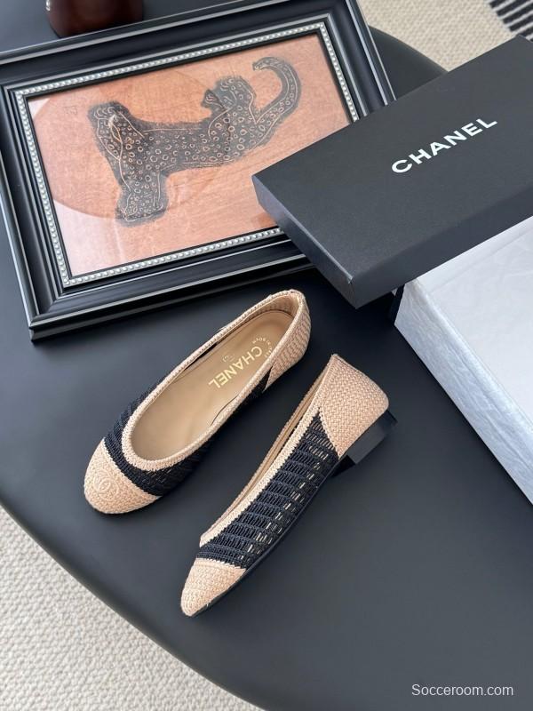 2025 Women Chanel Black Beige Knit Ballet Flats