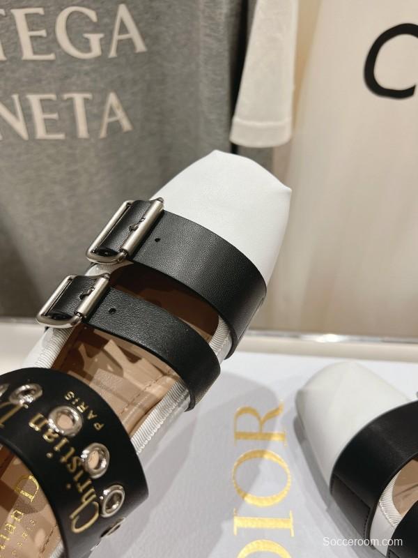 2025 Women Dior White Black Leather Mary Jane Buckle KFY00300